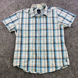Prana Short Sleeve Button Shirt Men’s L Blue Plaid Pocket Outdoors Hiking